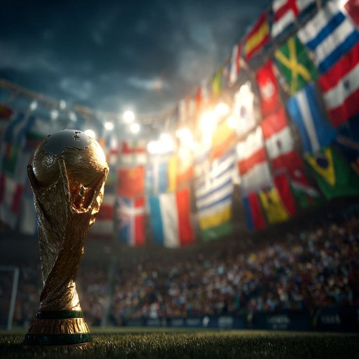 Mundial 2026 — trofeo y banderas en estadio